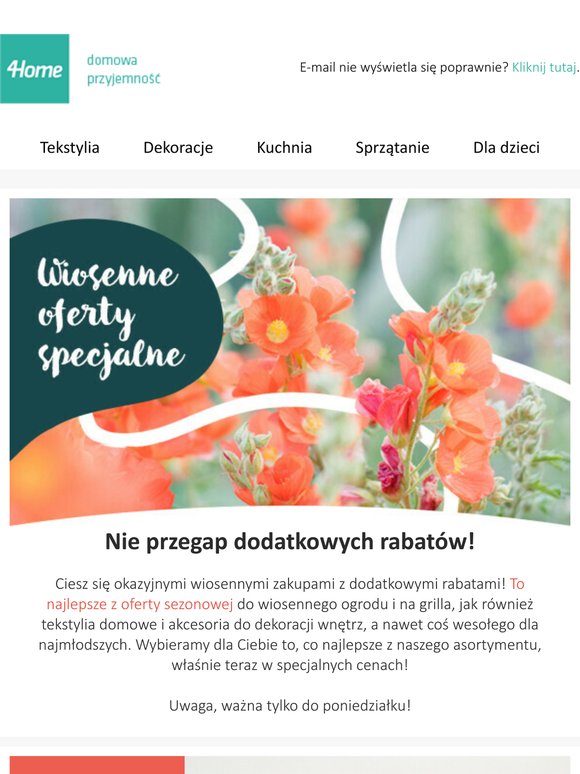 Wiosenne rabaty: zabawki do -75% • zasłony do -74% • bielizna pościelowa do -76% • kubki do -77% • sprzątanie do -71% i więcej - ważna tylko do poniedziałku!