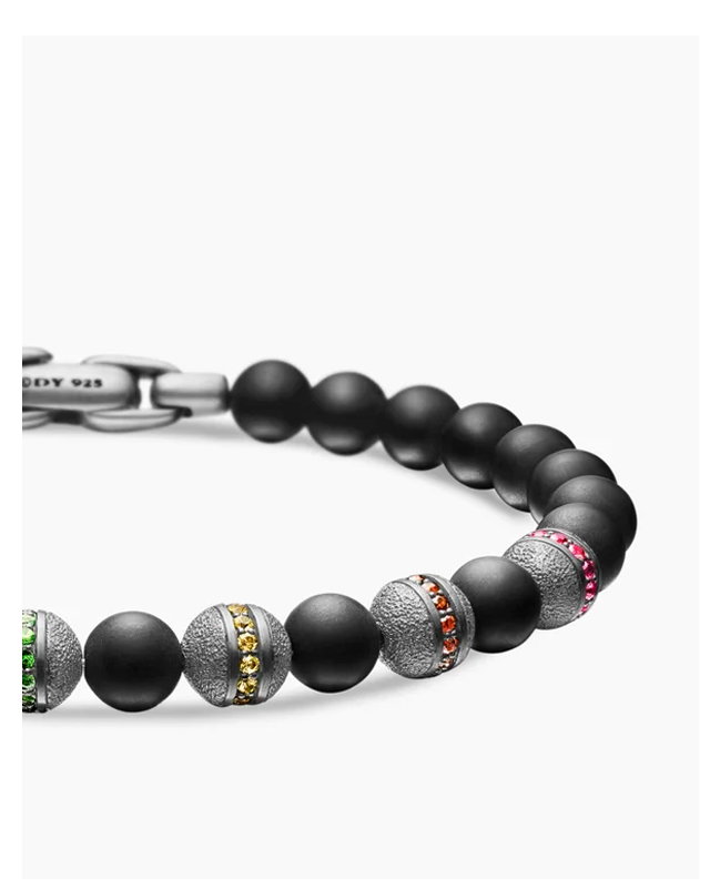 Spiritual Beads Rainbow Bracelet Sterling Silver with Black Onyx, Sapphires and Tsavorites, 6mm