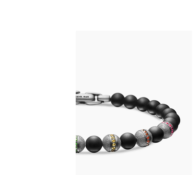 Spiritual Beads Rainbow Bracelet Sterling Silver with Black Onyx, Sapphires and Tsavorites, 6mm