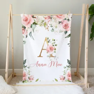 Image of Personalized Vintage Pink Floral Baby Flannel Blanket