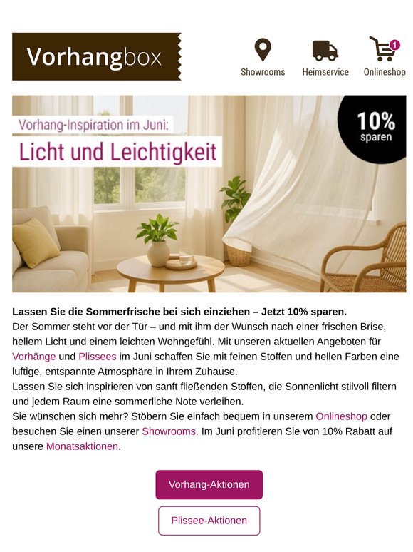 Vorhang-Inspiration im Juni: Licht und Leichtigkeit - Jetzt 10% sparen.
