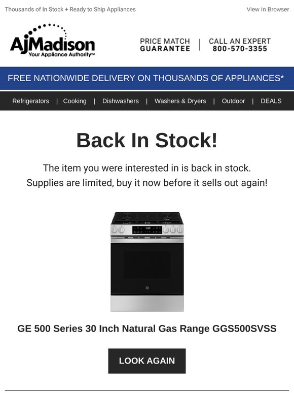 Back in stock! GE 500 Series 30 Inch Natural Gas Range GGS500SVSS