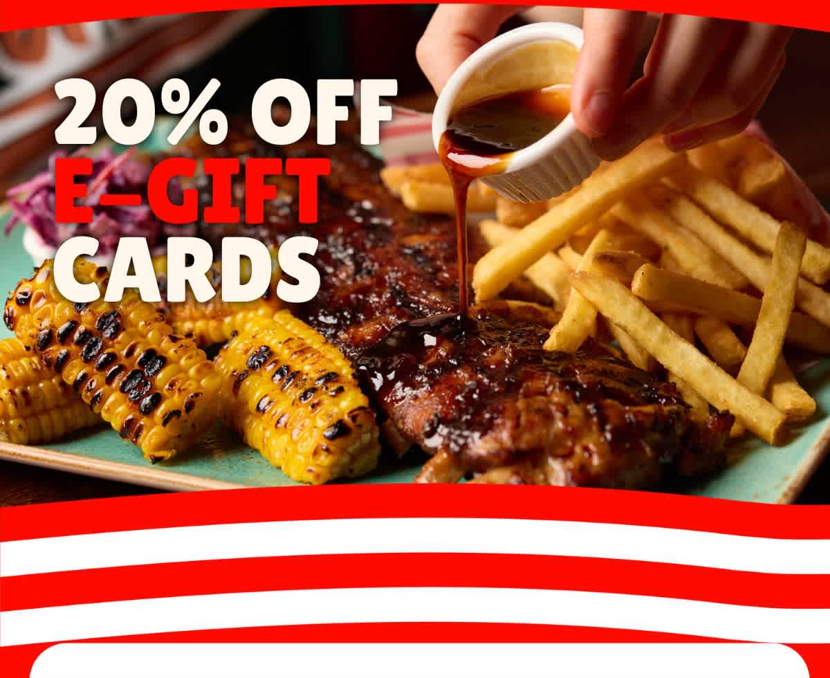 Ribs with sauce poured over with the words 20% off e-gift cards over the top