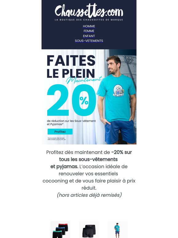 🛏️ -20% sur les sous-vêtements & pyjamas : faites de beaux rêves !