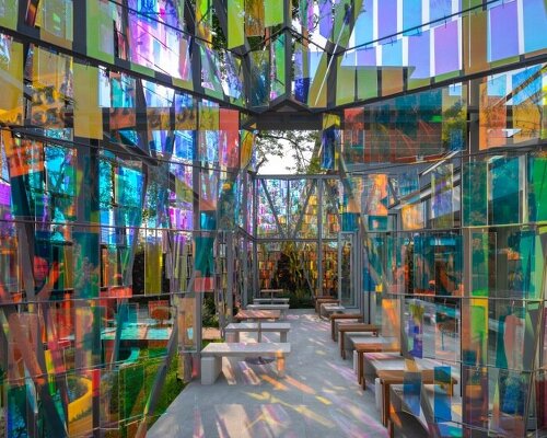 iridescent panels evoking gemstones refract shifting hues at BBWORKSPACE’s thailand café