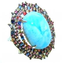 Precious authentic 24.5 carat Blue Larimar 10.2 Multicolor Sapphire   .925 Sterling Silver handmade ring size 8 1/4