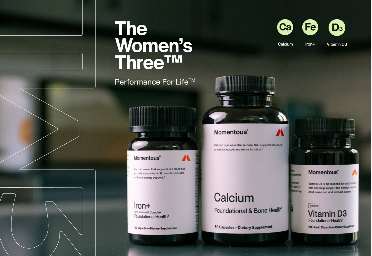 Three Momentous supplement bottles—Iron+, Calcium, and Vitamin D3—labeled "The Women’s Three™" with the tagline "Performance For Life™." Icons for Ca, Fe, and D₃ appear above.