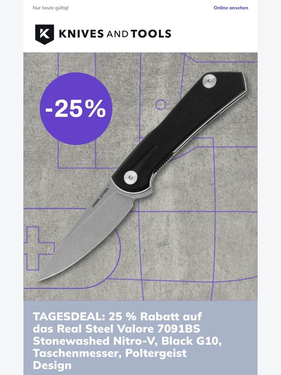 TAGESDEAL: 25 % Rabatt auf das Real Steel Valore 7091BS Stonewashed Nitro-V, Black G10, Taschenmesser, Poltergeist Design