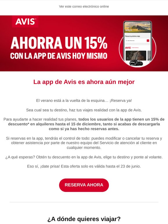 Un −15% en alquileres solo en la app de Avis