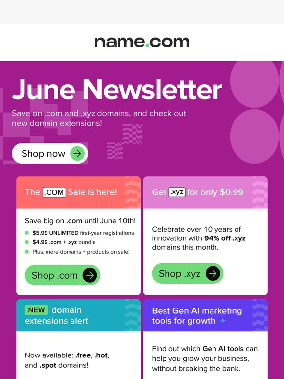 June Newsletter: Save on .com + .xyz!