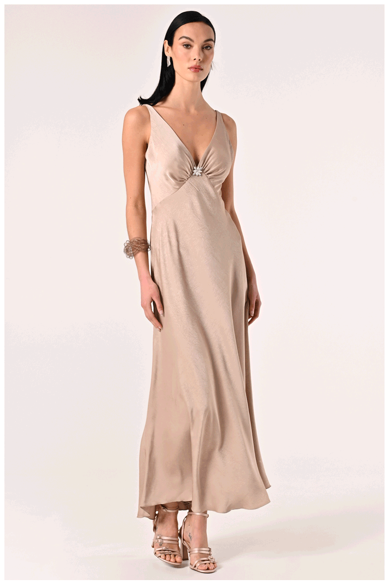Abito Lungo in Envers Satin Beige Scuro