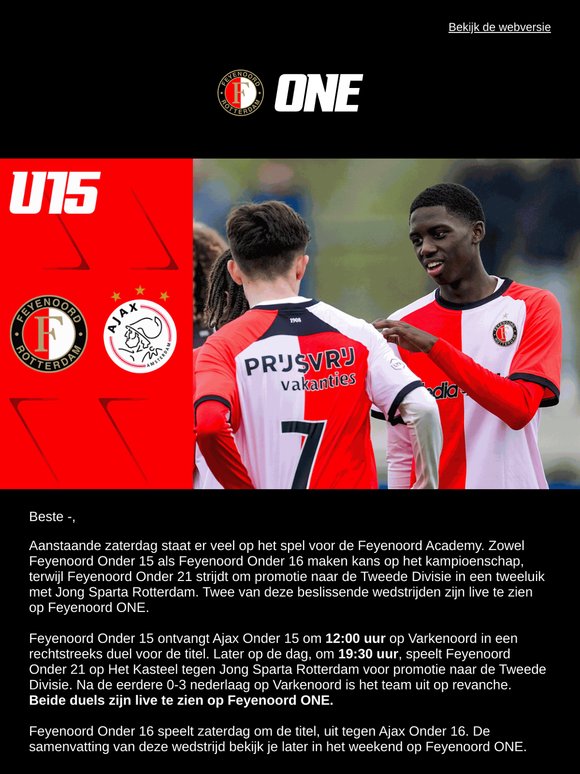 Beslissende duels voor Feyenoord Academy zaterdag live op Feyenoord ONE