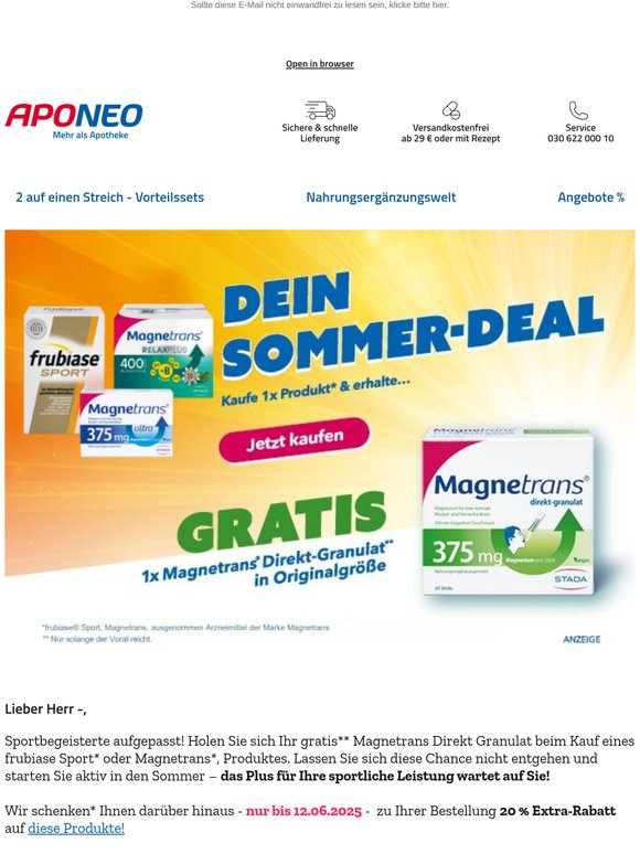 Sommer Deal - 20 % Extra-Rabatt** + gratis Magnetrans Direkt-Granulat in Originalgröße, Herr —!