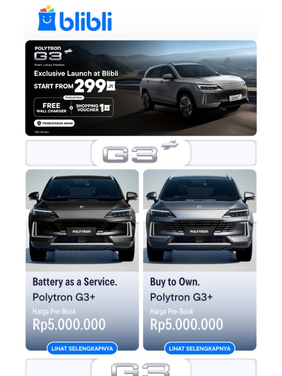 🚘Mobil Listrik Polytron G3 Eksklusif di Blibli, Pre-Book Sekarang👇