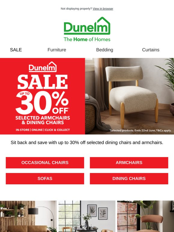 Mega savings on sofas & chairs in the Dunelm Sale