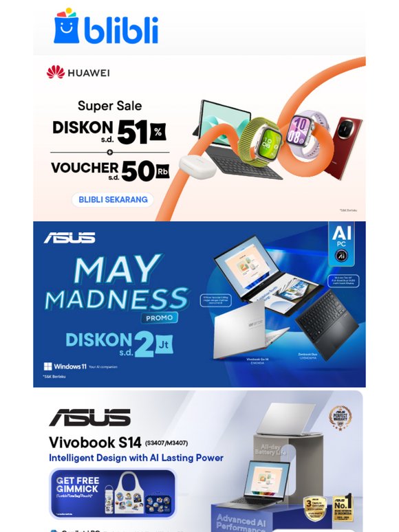 HUAWEI Diskon s.d. 51% & Voucher s.d. 50Rb + ASUS Diskon s.d. 2 Juta💻