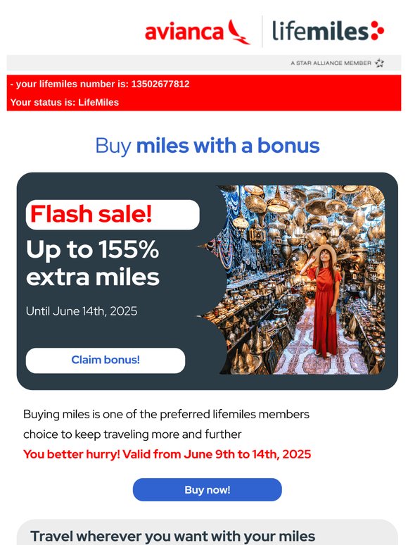 🚨Flash sale starts now! Up to 155% extra when buying miles