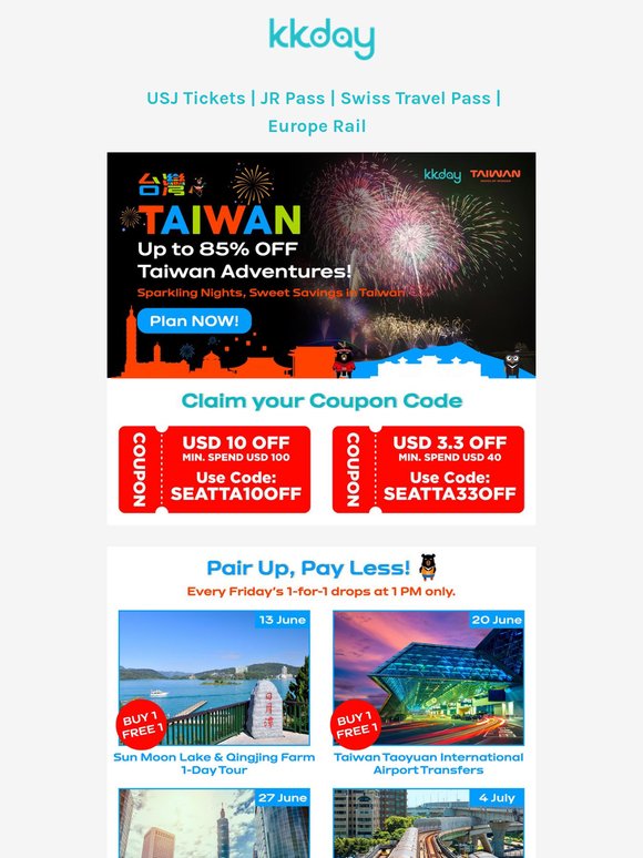 🌴 Taiwan Escapes Up to 85% OFF & Friday 1-for-1!