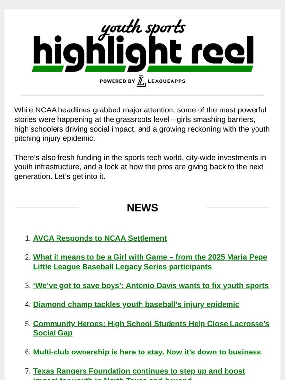 NCAA settlement, baseball injury epidemic, and more