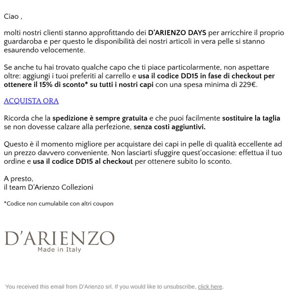 D'Arienzo Days: sconto del 15% su TUTTO!