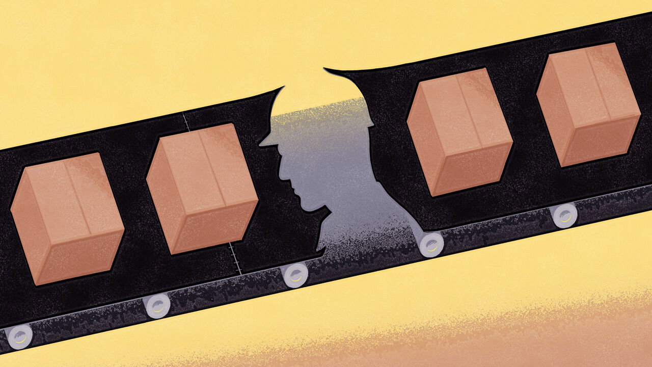 Illustration of a conveyor belt with parcels on with a cut in the middle in the shape of a worker with a hard hat on