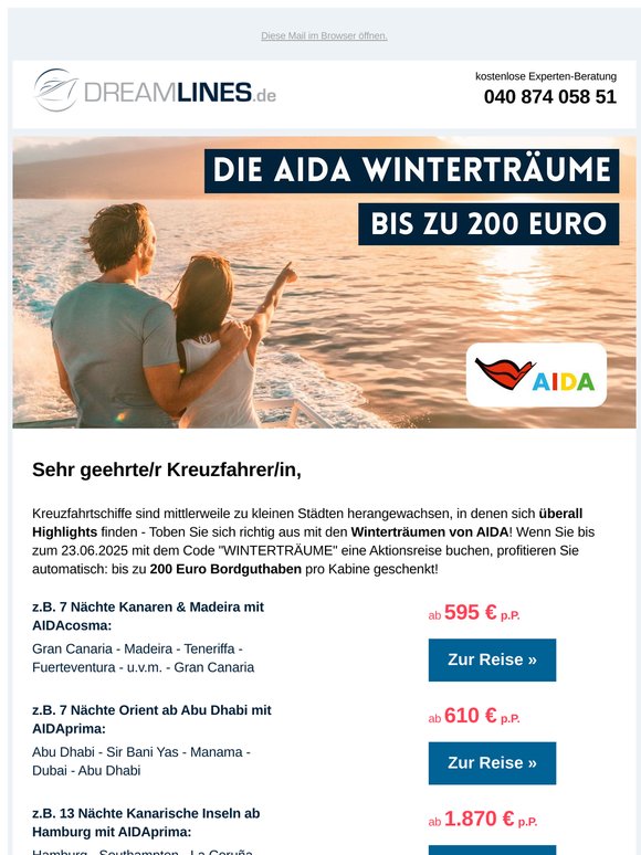 Ein Geschenk von AIDA: Bis zu 200 Euro für Sie