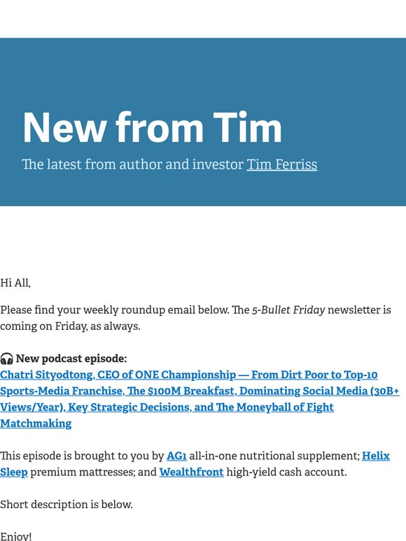 New from Tim — "Chatri Sityodtong, CEO of ONE Championship — From Dirt Poor to Top-10 Sports-Media Franchise, The $100M Breakfast, Dominating Social Media (30B+ Views/Year), Key Strategic Decisions, and The Moneyball of Fight Matchmaking"