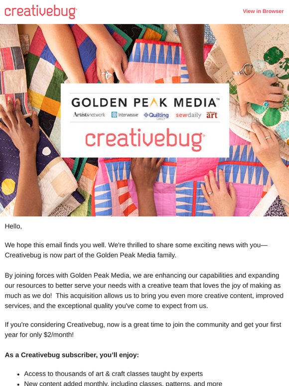 Creativebug + Golden Peak Media Joins Two Top-Tier Arts and Crafts Education Providers