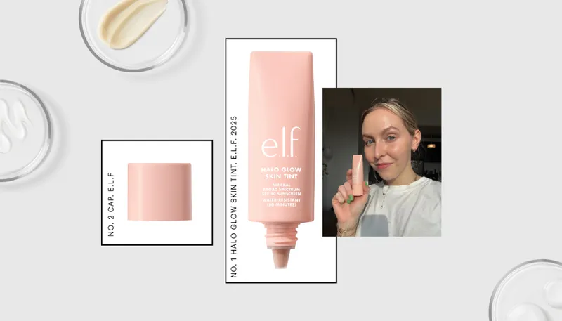 designed graphic featuring small pink bottle of elf cosmetics halo glow skin tint spf 50 and a photo of a woman holding the bottle on a gray background