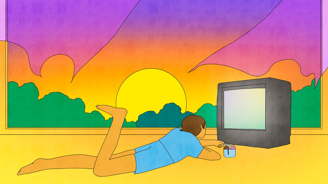 An illustration of a person eating ice cream whilst lying down in front of a television. The sunset can be seen through a large window and the curtains are blowing in a breeze.