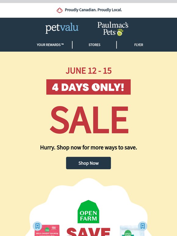 4 DAYS ONLY! 15% OFF ALL Open Farm dog & cat food (exc. treats), SAVE 20% on 3+ pet treats or 15% when you buy 2, plus more deals