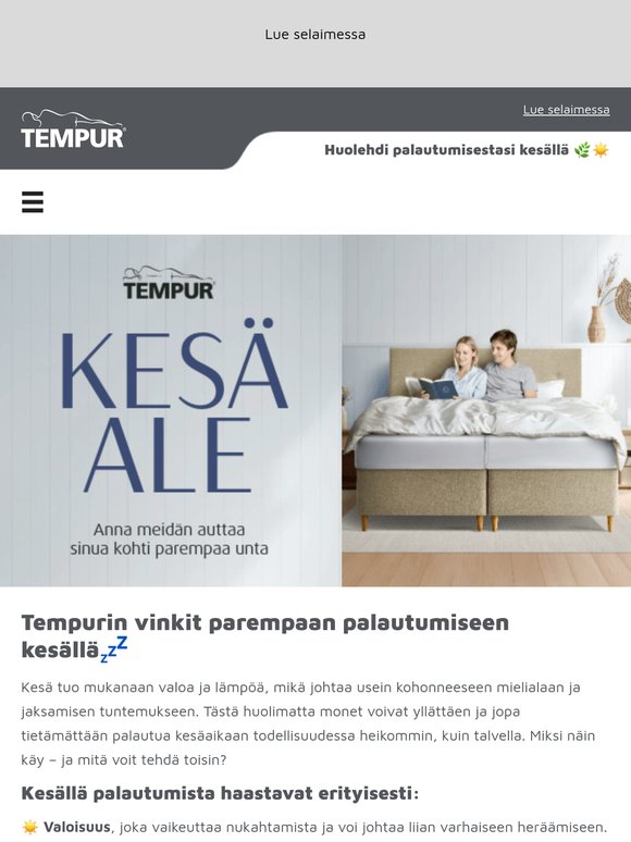Takkuaako palautuminen kesällä? Katso TEMPUR-vinkit ja tarjoukset 😴☀️