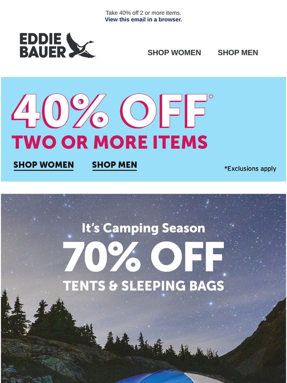 🏕️ 70% Off Tents & Sleeping Bags