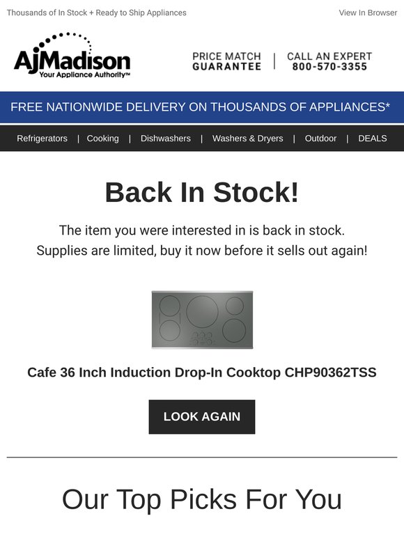 Back in stock! Cafe 36 Inch Induction Drop-In Cooktop CHP90362TSS