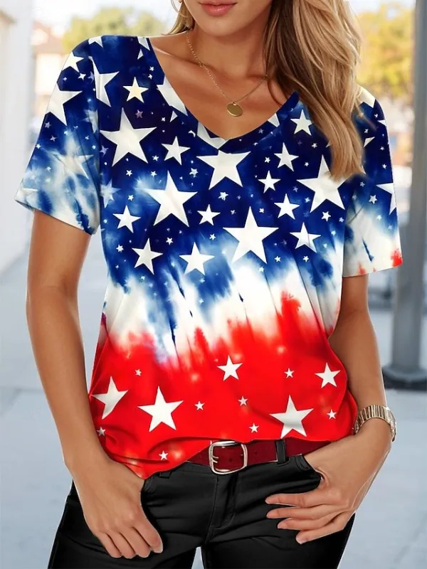 Image of Women's American Flag Printed Casual Cotton V-Neck T-Shirt