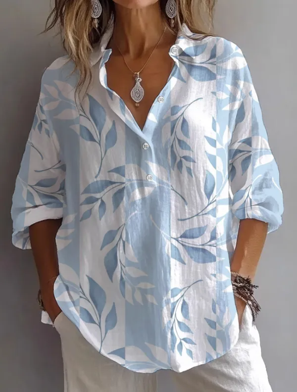 Image of Women's Long Sleeve Shirt Spring/Fall Blue Floral Printing Shirt Collar Daily Going Out Casual Top