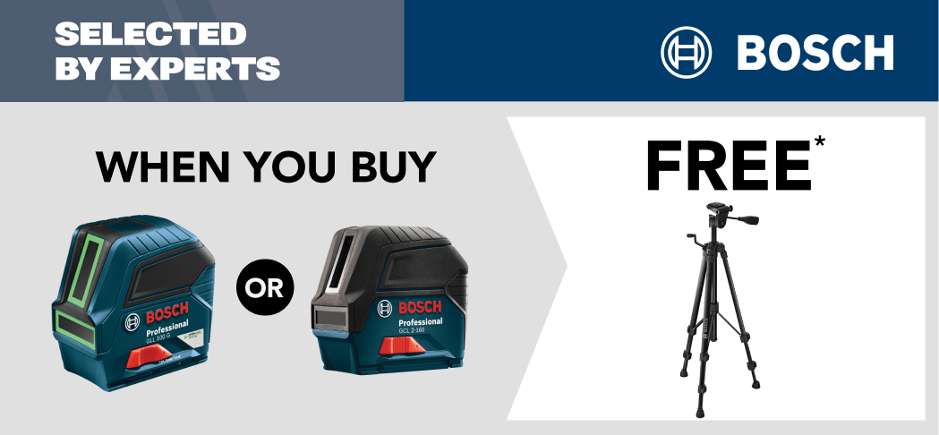 Obtain a free Bosch tripod when you a Bosch self-levlling cross-line laser or Bosch magnetic cross-line laser