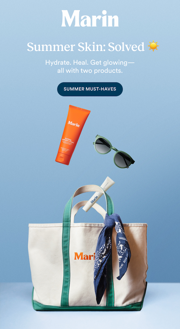 Graphic with the text “Marin. Summer Skin: Solved ☀️. Hydrate. Heal. Get glowing—all with two products.” Below, a beach tote with Marin branding is shown with Marin Soothing Hydration Cream, sunglasses, and a Marin lip treatment floating above it.