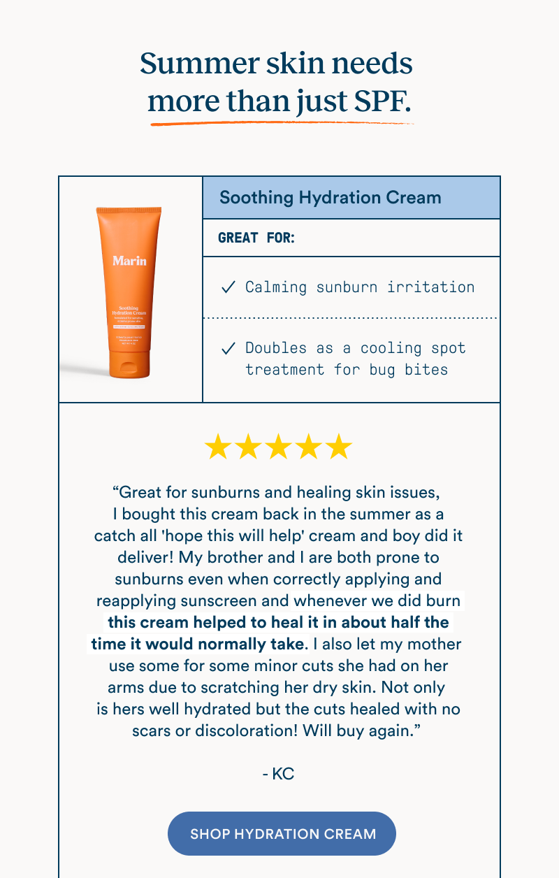 Marin Soothing Hydration Cream featured next to testimonial text and product benefits: calming sunburn and cooling bug bites. A 5-star review explains how the cream helped reduce healing time for burns and kept skin hydrated.