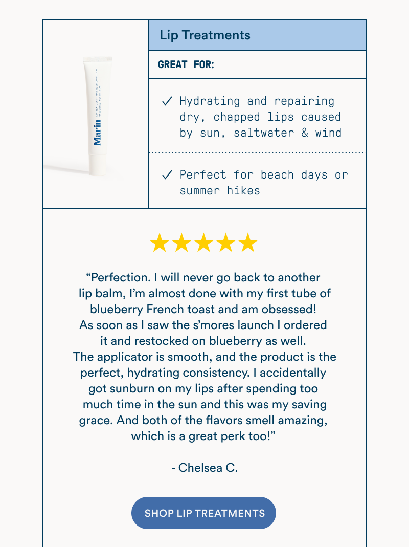 Marin Lip Treatments are shown alongside a testimonial highlighting their effectiveness for dry, sunburned lips. Text lists benefits including hydration and healing, and being ideal for beach days or summer hikes.