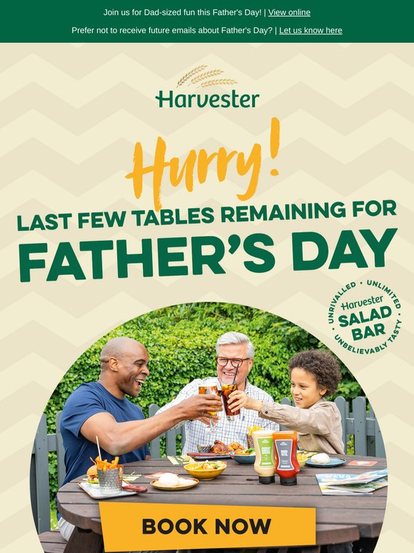 Last few tables remaining for Father's Day!