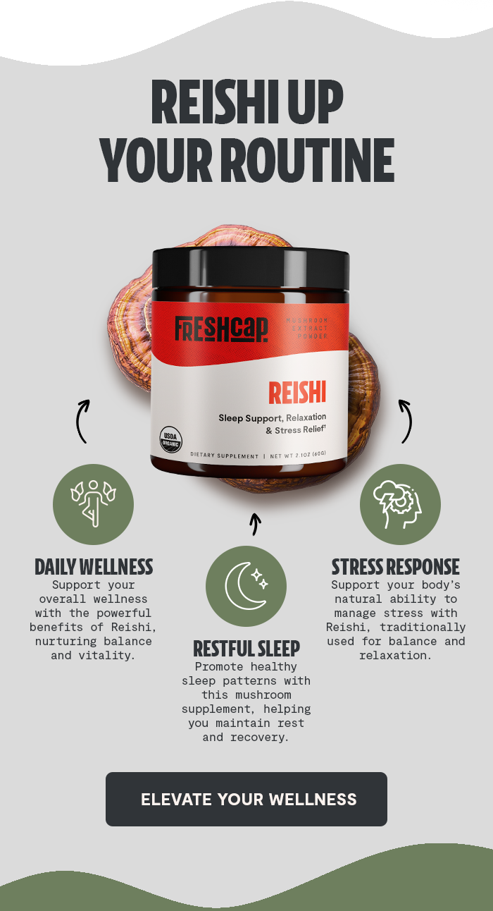 Premium Reishi mushroom powder for relaxation and balanced wellness. Dual-extracted for maximum potency, delivering 14,000mg raw mushroom power in versatile powder form.