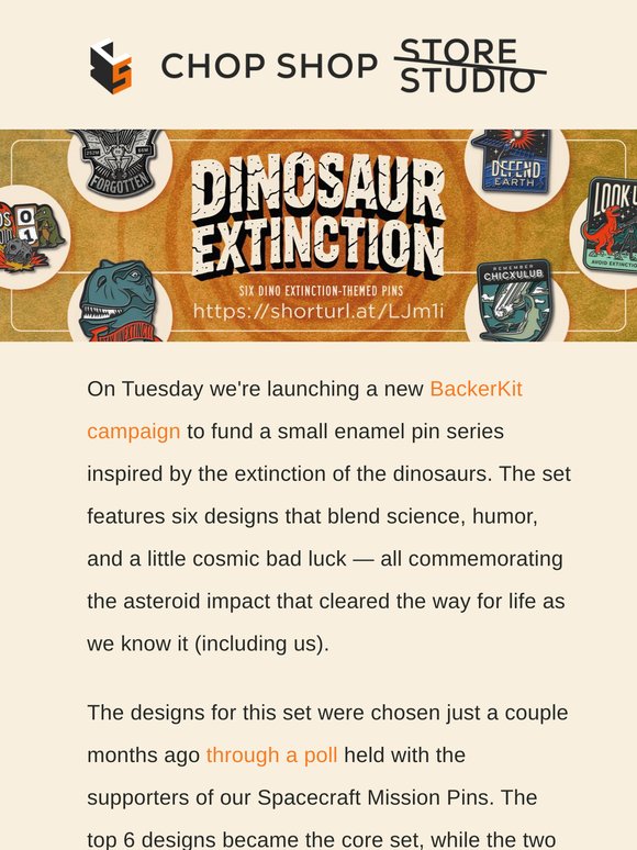 Launching Tuesday: Dinosaur Extinction Themed Enamel Pins