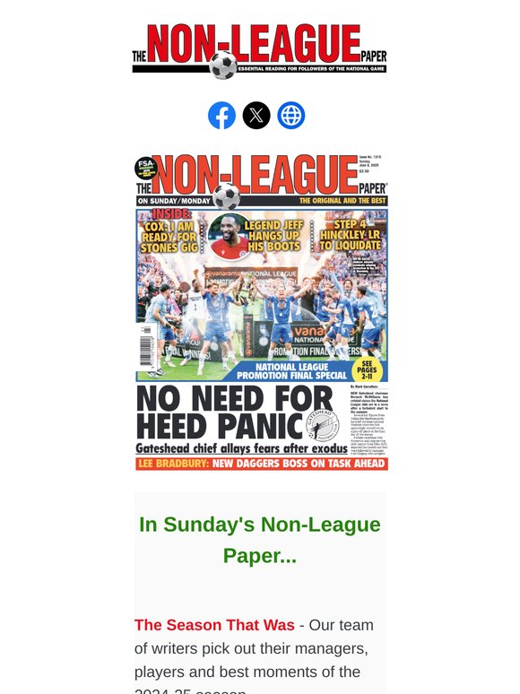 IN SUNDAY'S NLP PAPER > BEST PLAYERS, MANAGERS & MOMENTS OF THE SEASON / COURTNEY CLARKE ON HIS EFL CHANCE WITH WALSALL / BOSS STEVE MORISON LOOKS AT SUTTON'S SUMMER SHOPPING