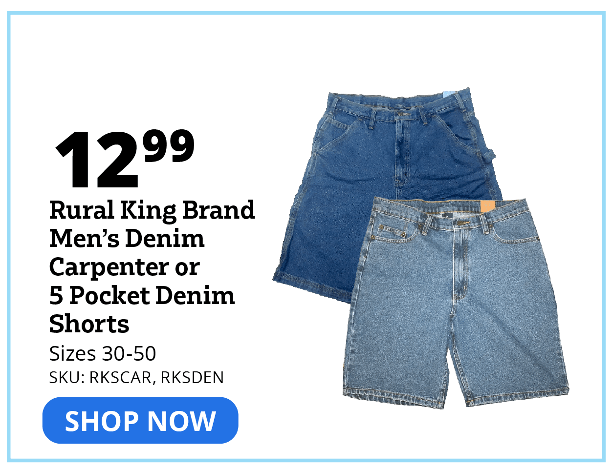 Rural King Brand Men's Denim Carpenter or 5 Pocket Denim Shorts