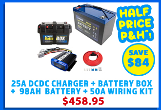 25A DCDC Charger + Battery Box Portable 12V + 12V 98Ah Deep Cycle Battery + 50A Wiring Kit