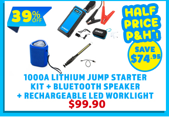 1000A Lithium Jump Starter Kit + Bluetooth Speaker + Rechargeable LED Worklight
