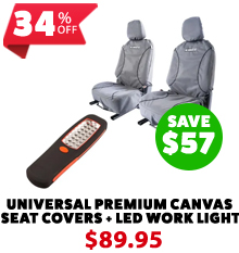 Universal Premium Canvas Seat Covers (Pair) + LED Work Light