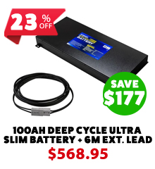 12V 100Ah Deep Cycle Ultra Slim Lithium LiFePO4 Battery + 6m Extension Lead