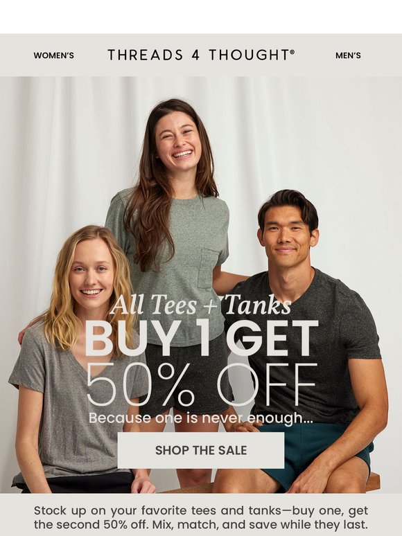 BOGO 50% Off Tees + Tanks Starts Now